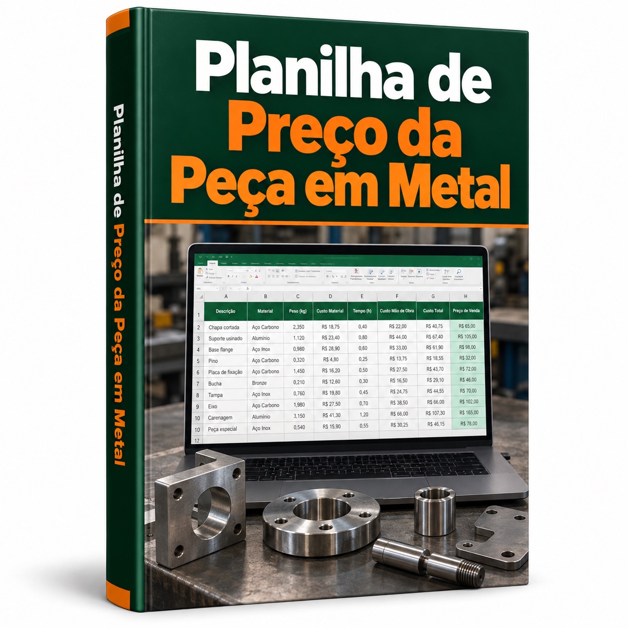 Mockup ilustrativo do bônus Planilha de Preço da Peça em Metal
