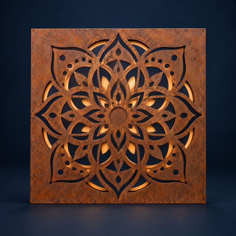 painel de aço corten com mandala vazada iluminado por trás, numa parede de varanda