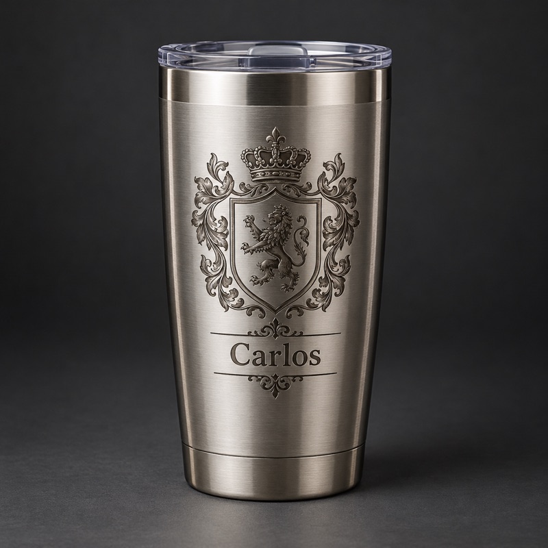 copo térmico de inox com nome e brasão gravados no fiber, ao lado do eixo rotativo