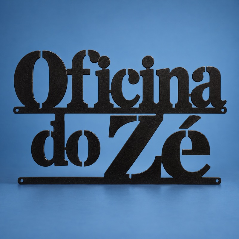 letreiro "Oficina do Zé" cortado em chapa de 3 mm, pintado de preto, na parede