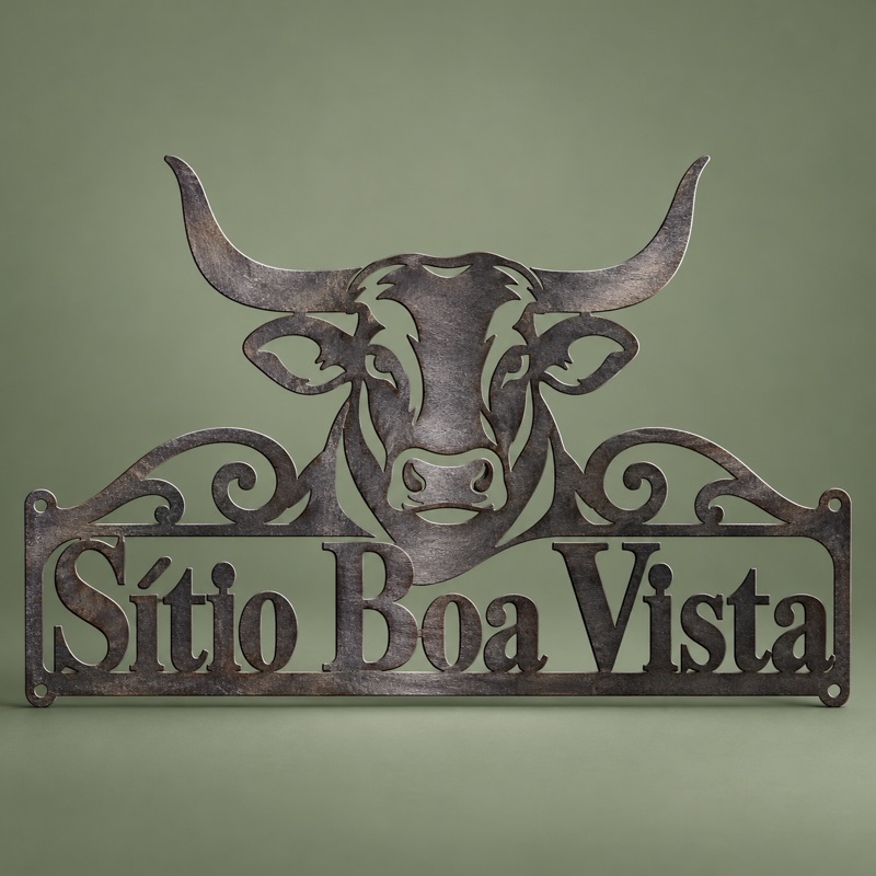 placa de entrada de fazenda em aço com nome do sítio e cabeça de boi, presa na porteira
