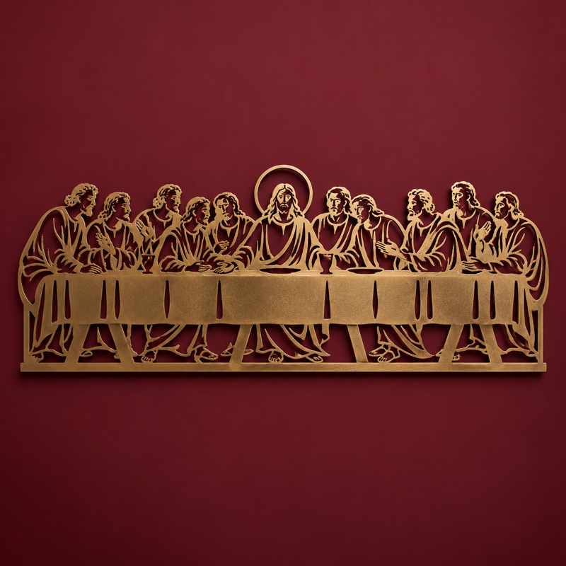 Santa Ceia cortada em chapa de aço, pintada de bronze, numa parede de sala