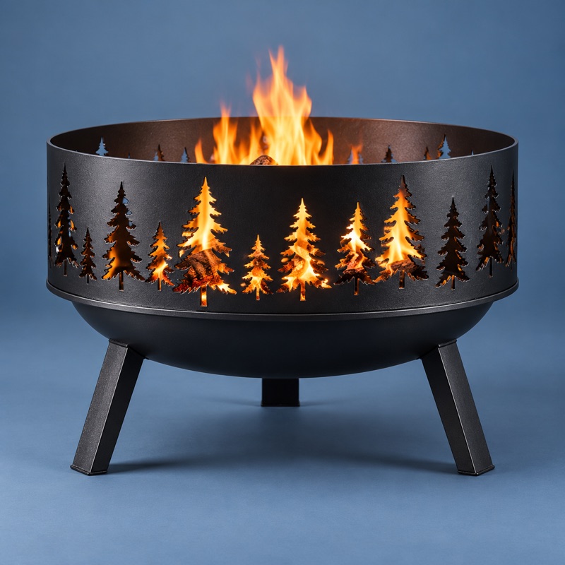 fire pit de chapa com recorte de pinheiros, aceso num quintal à noite