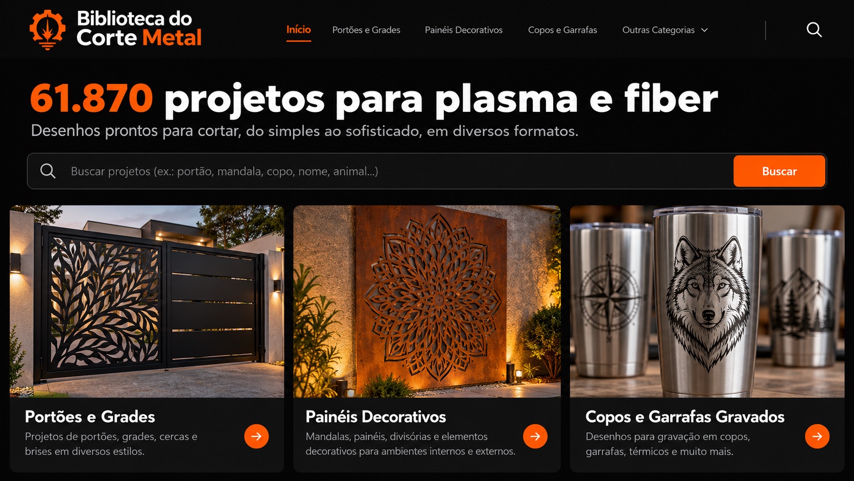 Tela ilustrativa da biblioteca com 61.870 projetos e categorias de plasma e fiber