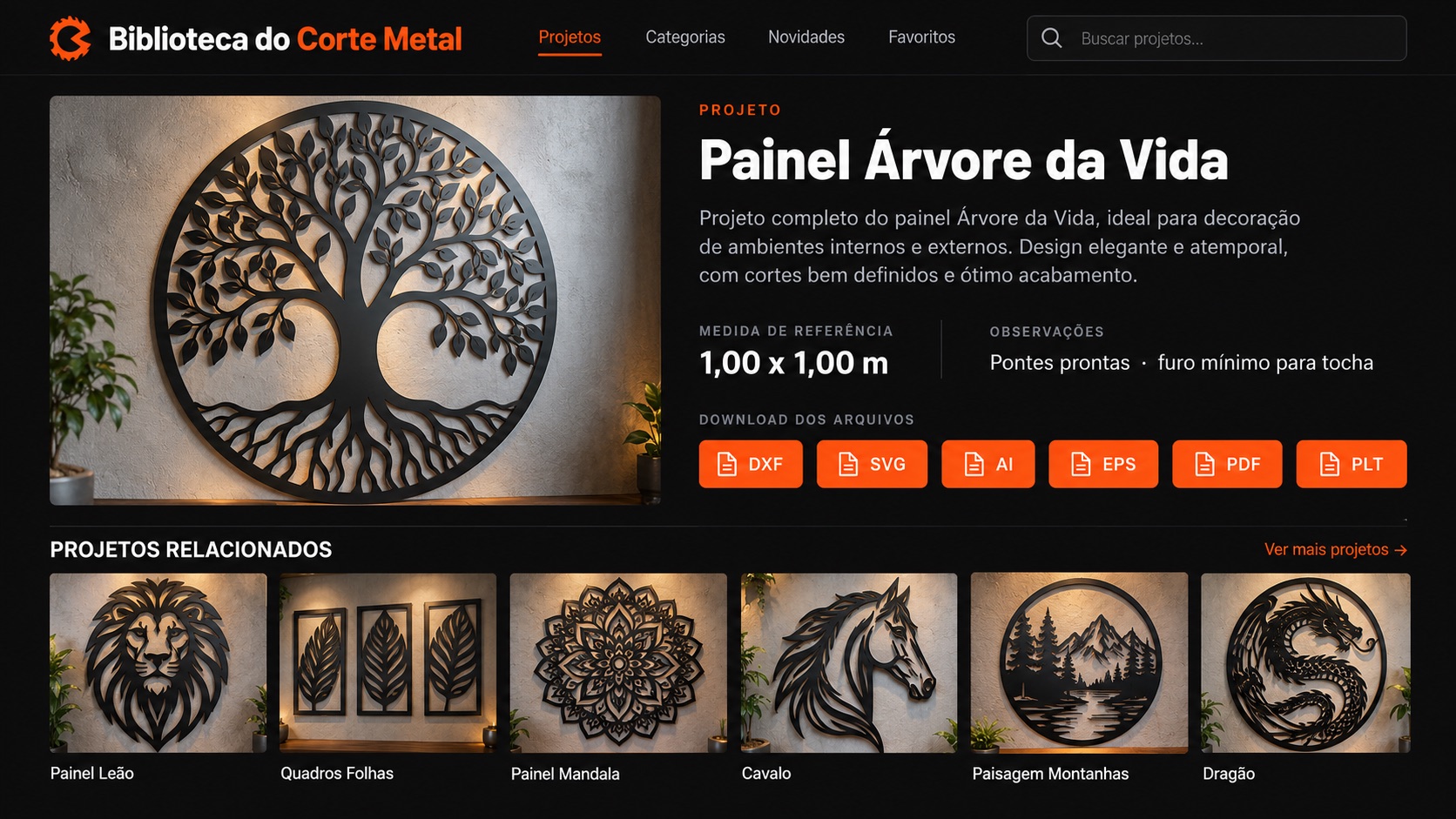 Tela ilustrativa do painel de árvore da vida com medidas e downloads